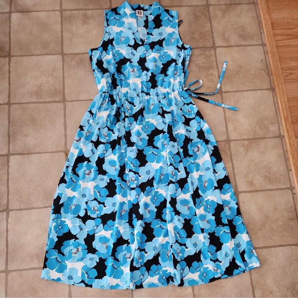 ANNE KLEIN Black Blue Floral Print Sleeveless Midi Dress Size M Tie String Waist